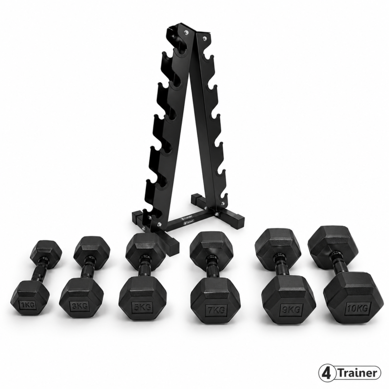PACK HALTÈRES - 1 à 10KG avec Rack - 6 Paires (1, 3, 5, 7, 9, 10kg)  - 4TRAINER