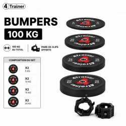 PACK BUMPER PLATES 100KG - Disques Olympiques 50mm - 4 Paires (5, 10, 15, 20 kg) + Clips Offerts - 4TRAINER