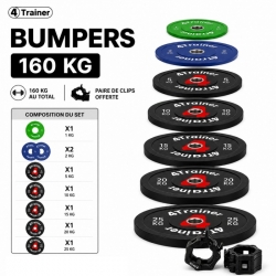 PACK BUMPER PLATES 160KG - Disques Olympiques 50mm - (1, 2x2, 5, 10, 15, 20, 25kg) + Clips Offerts - 4TRAINER