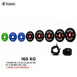 PACK BUMPER PLATES 160KG - Disques Olympiques 50mm - (1, 2x2, 5, 10, 15, 20, 25kg) + Clips Offerts - 4TRAINER